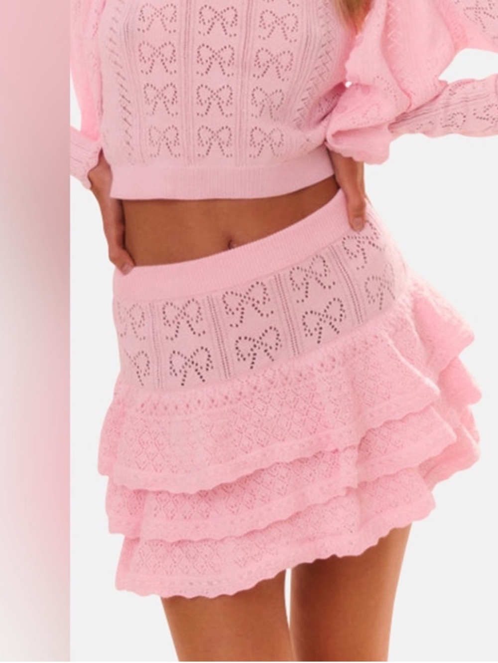 LoveShackFancy Ballerina Pink Baudin Bow Pointelle tiered knit mini skirt size L - Picture 4 of 16